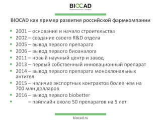 biocad.ru
BIOCAD как пример развития российской фармкомпании
 2001 – основание и начало строительства
 2002 – создание своего R&D отдела
 2005 – вывод первого препарата
 2006 – вывод первого биоаналога
 2011 – новый научный центр и завод
 2013 – первый собственный инновационный препарат
 2014 – вывод первого препарата моноклональных
антител
 2015 – наличие экспортных контрактов более чем на
700 млн долларов
 2016 – вывод первого biobetter
 – пайплайн около 50 препаратов на 5 лет
 