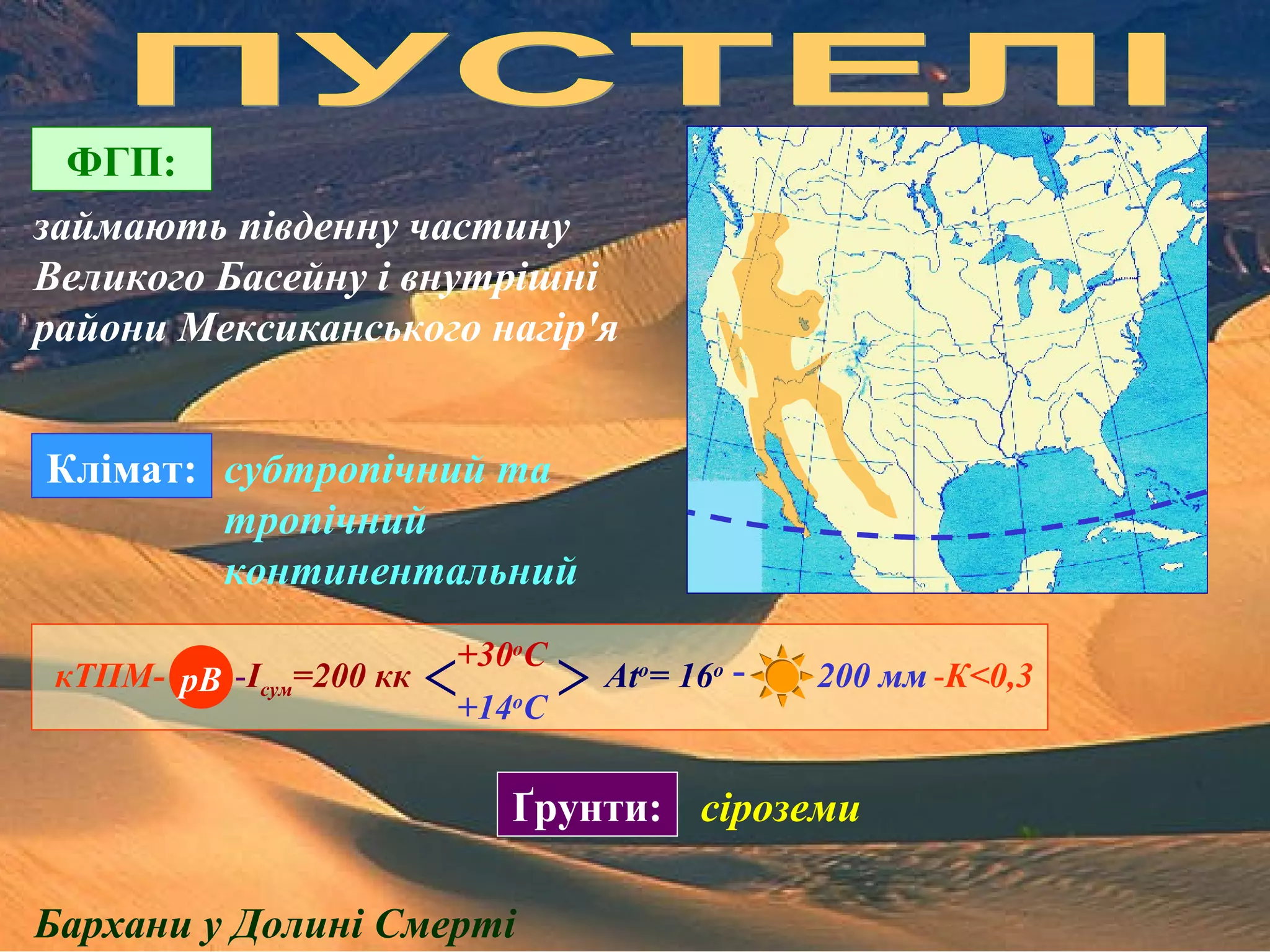 Клімат: субтропічний та
тропічний
континентальний
сіроземиҐрунти:
ФГП:
займають південну частину
Великого Басейну і внутрішні
райони Мексиканського нагір'я
кТПМ- рВ -Ісум=200 кк
+30о
С
+14о
С
^
^
Аto
= 16o
-К<0,3200 мм-
Бархани у Долині Смерті
 