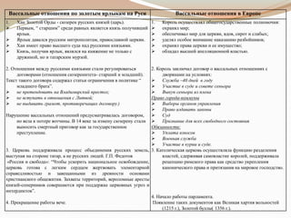 Вассальные отношения по золотым ярлыкам на Руси Вассальные отношения в Европе
1. Хан Золотой Орды - сюзерен русских князей (царь).
 Первым, “ старшим” среди равных является князь получивший
ярлык.
 Ярлык давался русским митрополитам, православной церкви.
 Хан имеет право высшего суда над русскими князьями.
 Князь, получив ярлык, являлся на княжение не только с
дружиной, но и татарским мурзой.
2. Отношения между русскими князьями стали регулироваться
договорами (отношения сюзеренитета- старший и младший).
Текст такого договора содержал статьи ограничения в политике “
младшего брата”.
 не претендовать на Владимирский престол;
 не вступать в отношения с Литвой;
 не выдавать грамот, противоречащих договору.)
Нарушение вассальных отношений предусматривалась договором,
но вела к потере вотчины. В 14 веке за измену сюзерену стали
выносить смертный приговор как за государственное
преступление.
3. Церковь поддерживала процесс объединения русских земель,
выступая на стороне татар, а не русских людей. Г.П. Федотов
«Россия и свобода»: “Чтобы ускорить национальное освобождение,
церковь готова с легким сердцем жертвовать элементарной
справедливостью и завещанными из древности основами
христианского общежития. Захваты территорий, вероломные аресты
князей-соперников совершаются при поддержке церковных угроз и
интердиктов”.
4. Прекращение работы вече.
1. Король осуществлял общегосударственные полномочия:
 охранял мир;
 обеспечивал мир для церкви, вдов, сирот и слабых;
 уделял особое внимание наказанию разбойников;
 охранял права церкви и ее имущество;
 обладал высшей апелляционной властью.
2. Король заключал договор о вассальных отношениях с
дворянами на условиях:
 Служба –40 дней в году
 Участие в суде и совете сеньора
 Выкуп сеньора из плена
Право города-коммуны
 Выборы органов управления
 Право издавать законы
 Суд
 Признание для всех свободного состояния
Обязанности:
 Уплата взносов
 Военная служба
 Участие в курии и суде.
3. Католическая церковь осуществляла функцию разделения
властей, сдерживая самовластие королей, поддерживала
рецепцию римского права как средство укрепления
канонического права и притязания на мировое господство.
4. Начало работы парламента.
Появление таких документов как Великая хартия вольностей
(1215 г.), Золотой буллы( 1356 г.).
 