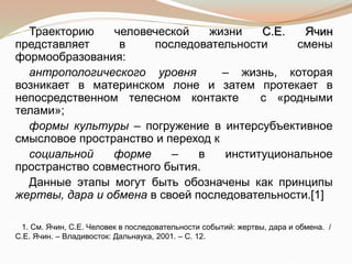 Траекторию человеческой жизни С.Е. Ячин
представляет в последовательности смены
формообразования:
антропологического уровня – жизнь, которая
возникает в материнском лоне и затем протекает в
непосредственном телесном контакте с «родными
телами»;
формы культуры – погружение в интерсубъективное
смысловое пространство и переход к
социальной форме – в институциональное
пространство совместного бытия.
Данные этапы могут быть обозначены как принципы
жертвы, дара и обмена в своей последовательности.[1]
1. См. Ячин, С.Е. Человек в последовательности событий: жертвы, дара и обмена. /
С.Е. Ячин. – Владивосток: Дальнаука, 2001. – С. 12.
 
