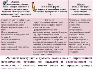 Жертва –
антропологическая форма.
жизнь, которая возникает в
материнском лоне и затем
протекает в непосредственном
телесном контакте с «родными
телами»
Дар –
культурная форма
погружение в интерсубъективное
смысловое пространство и переход
к
Обмен –
социальная форма
– в институциональное
пространство
совместного бытия.
Открытость миру и выбор среди
множества обстоятельств в
пользу индивидуальности
Жизнь – жертва возможностей, ее
трата
Жертва заложенных
возможностей 4 модусов во имя
Другого Я –
самотождественность.
Бытие виновным –
ответственным,
экзистенциальный план жертвы –
забота (о ближнем)
(Личность)
Период передачи символического
порядка жизни (мира) от одного
человека к другому.
Превращение жертвы в дар –
наполнение жертвы смыслом (творец).
Дар – про-изведение из себя в
наличность, выражение себя в Другом
(в других личностях). Социум как
личностный универсум. Личность как
свобода в экзистенциальном общении.
Экзистенциальный план дара –
приглашение к общему для людей
смысловому миру (общий язык,
ритуал, символ, знак).
Социальные отношения.
Смысл – в замещении
всяких трат.
Если обмен
прекращается –
тотальный социальный
порядок – жизнь
истратила себя.
Выход из ситуации –
дарственная культура
(вносит смысл в жертву)
Нарушение обмена –
маргинализация
общества.
«Человек выступает в просвет бытия на его определенной
исторической ступени, он наследует и разворачивает те
возможности, которые имеют место на предшествующих
 