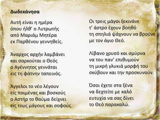 Δωδεκάνησα
Αυτή είναι η ημέρα
όπου ήλθ’ ο Λυτρωτής
από Μαριάμ Μητέρα
εκ Παρθένου γεννηθείς.
Άναρχος αρχήν λαμβάνει
και σαρκούται ο Θεός
ο Αγέννητος γεννάται
εις τη φάτνην ταπεινός.
Άγγελοι το νέο λέγουν
εις ποιμένας και βοσκούς
ο Αστήρ το θαύμα δείχνει
εις τους μάγους και σοφούς.
Οι τρεις μάγοι ξεκινάνε
τ’ άστρο έχουν βοηθό
τη σπηλιά ψάχνουν να βρούνε
με τον άγιο Θεό.
Λίβανο χρυσό και σμύρνα
να του παν’ επιθυμούν
τη μικρή γλυκιά μορφή του
σκύβουν και την προσκυνούν.
Όσοι έχετε στα ξένα
να δεχτείτε με καλό
ευτυχία να σας δίνει
το Θεό παρακαλώ.
 