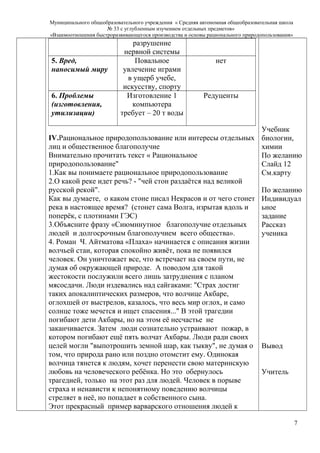 Муниципального общеобразовательного учреждения « Средняя автономная общеобразовательная школа
№ 33 с углубленным изучением отдельных предметов»
«Взаимоотношения быстроразвивающегося производства и основы рационального природопользования»
разрушение
нервной системы
5. Вред,
наносимый миру
Повальное
увлечение играми
в ущерб учебе,
искусству, спорту
нет
6. Проблемы
(изготовления,
утилизации)
Изготовление 1
компьютера
требует – 20 т воды
Редуценты
IV.Рациональное природопользование или интересы отдельных
лиц и общественное благополучие
Внимательно прочитать текст « Рациональное
природопользование"
1.Как вы понимаете рациональное природопользование
2.О какой реке идет речь? - "чей стон раздаётся над великой
русской рекой".
Как вы думаете, о каком стоне писал Некрасов и от чего стонет
река в настоящее время? (стонет сама Волга, изрытая вдоль и
поперёк, с плотинами ГЭС)
3.Объясните фразу «Сиюминутное благополучие отдельных
людей и долгосрочным благополучием всего общества».
4. Роман Ч. Айтматова «Плаха» начинается с описания жизни
волчьей стаи, которая спокойно живёт, пока не появился
человек. Он уничтожает все, что встречает на своем пути, не
думая об окружающей природе. А поводом для такой
жестокости послужили всего лишь затруднения с планом
мясосдачи. Люди издевались над сайгаками: "Страх достиг
таких апокалиптических размеров, что волчице Акбаре,
оглохшей от выстрелов, казалось, что весь мир оглох, и само
солнце тоже мечется и ищет спасения..." В этой трагедии
погибают дети Акбары, но на этом её несчастье не
заканчивается. Затем люди сознательно устраивают пожар, в
котором погибают ещё пять волчат Акбары. Люди ради своих
целей могли "выпотрошить земной шар, как тыкву", не думая о
том, что природа рано или поздно отомстит ему. Одинокая
волчица тянется к людям, хочет перенести свою материнскую
любовь на человеческого ребёнка. Но это обернулось
трагедией, только на этот раз для людей. Человек в порыве
страха и ненависти к непонятному поведению волчицы
стреляет в неё, но попадает в собственного сына.
Этот прекрасный пример варварского отношения людей к
Учебник
биологии,
химии
По желанию
Слайд 12
См.карту
По желанию
Индивидуал
ьное
задание
Рассказ
ученика
Вывод
Учитель
7
 