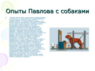 Опыты Павлова с собакамиОпыты Павлова с собаками
• Человек может иметь самое смутное представление
о кинологии, но словосочетание «собака Павлова»
слышал каждый. Конечно, речь идет не о
конкретном псе, а о тысячи собак, отдавших свои
жизни на благо человечества. Говорить о гуманизме
и этической стороне вопроса можно бесконечно.
Однако факт остается фактом: научная
исследовательская деятельность академика
Павлова по сей день служит фундаментом, на
который опираются тысячи врачей. Благодаря
жестоким и вызывающим негодование опытам
Павлова с собаками, спасены миллионы жизней.
Многие сегодняшние методики лечения основаны на
данных, полученных Иваном Петровичем. Сам
Павлов, несмотря на сложившееся мнение о его
деятельности, животных любил, а собаками
восхищался, называя их совершенными
созданиями. Он часто писал, что глубоко скорбит о
каждой жизни, которую пришлось отнять в ходе
экспериментов. Всегда старался максимально
облегчить страдания животных, и прибегал к
усыплению только в случаях, когда проведенные
манипуляции не отставляли собаке шансов на
нормальное существование без боли. Сегодня
выражение «собака Павлова» часто упоминают в
контексте садизма, издевательств и жестокости. Но
современники Ивана Петровича, напротив,
недоумевали, зачем академик тратит столько
душевных и физических сил, выхаживая
лабораторных животных: «Этот все равно умрет
черед год максимум, усыпить бы. Так нет, он его
кормить собирается задарма».
 