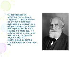 • Финансирования
практически не было.
Скудные пожертвования
не окупали расходов:
лаборатории крошечные,
оборудование кустарное,
плата работникам – из
жалования Павлова. Но
собаки редко в чем-либо
нуждались: создатель
науки о ВНД на
собственные средства
строил вольеры и закупал
еду.
 