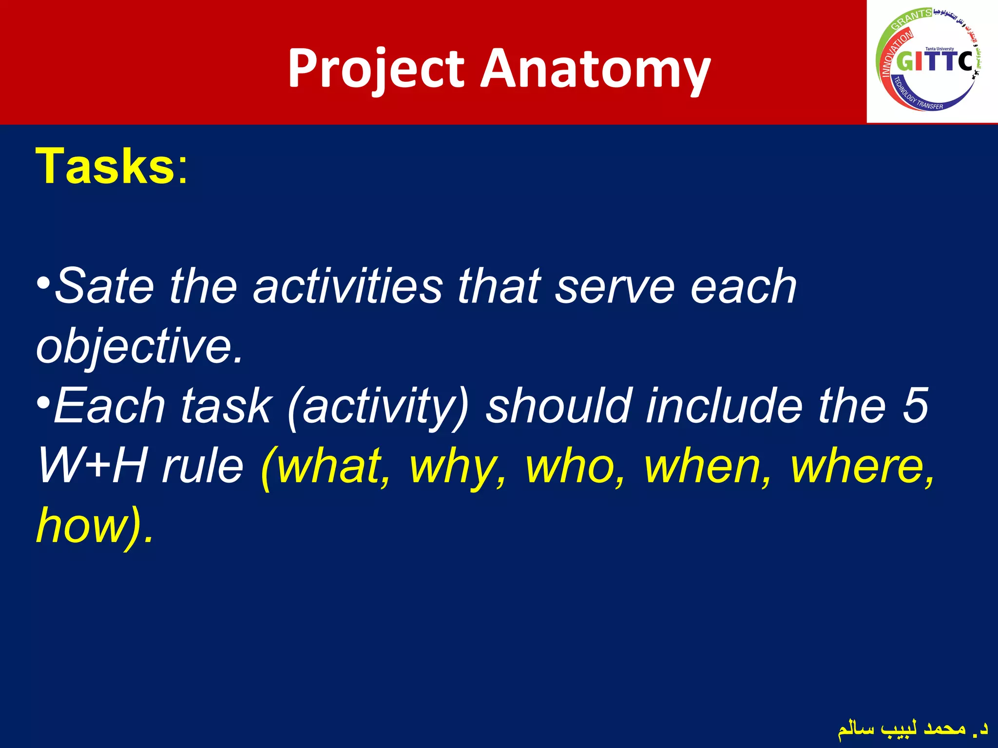 Tasks:
•Sate the activities that serve each
objective.
•Each task (activity) should include the 5
W+H rule (what, why, who, when, where,
how).
Project Anatomy
‫سالم‬ ‫لبيب‬ ‫محمد‬ .‫د‬
 