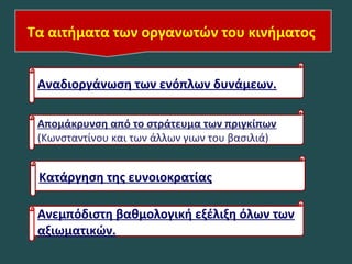 Αναδιοργάνωση των ενόπλων δυνάμεων.
Τα αιτήματα των οργανωτών του κινήματος
Απομάκρυνση από το στράτευμα των πριγκίπων
(Κωνσταντίνου και των άλλων γιων του βασιλιά)
Κατάργηση της ευνοιοκρατίας
Ανεμπόδιστη βαθμολογική εξέλιξη όλων των
αξιωματικών.
 
