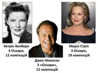 Кетрін Хепберн
4 Оскари,
12 номінацій
Меріл Стріп
3 Оскари,
19 номінацій
Джек Ніколсон
3 «Оскари»,
12 номінацій
 