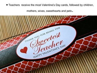 ♥ Teachers receive the most Valentine's Day cards, followed by children,
mothers, wives, sweethearts and pets.
 