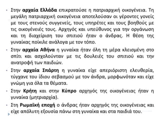 • Στην αρχαία Ελλάδα επικρατούσε η πατριαρχική οικογένεια. Τη
μεγάλη πατριαρχική οικογένεια αποτελούσαν οι γέροντες γονείς
με τους στενούς συγγενείς, τους υπηρέτες και τους βοηθούς με
τις οικογένειές τους. Αρχηγός και υπεύθυνος για την οργάνωση
και τη διαχείριση του σπιτιού ήταν ο άνδρας. Η θέση της
γυναίκας ποίκιλε ανάλογα με τον τόπο.
• Στην αρχαία Αθήνα η γυναίκα ήταν όλη τη μέρα κλεισμένη στο
σπίτι και ασχολούνταν με τις δουλειές του σπιτιού και την
ανατροφή των παιδιών.
• Στην αρχαία Σπάρτη η γυναίκα είχε απεριόριστη ελευθερία,
τύγχανε του ίδιου σεβασμού με τον άνδρα, μορφωνόταν και είχε
γνώμη για όλα τα θέματα.
• Στην Κρήτη και στην Κύπρο αρχηγός της οικογένειας ήταν η
γυναίκα (μητριαρχία).
• Στη Ρωμαϊκή εποχή ο άνδρας ήταν αρχηγός της οικογένειας και
είχε απόλυτη εξουσία πάνω στη γυναίκα και στα παιδιά του.
 