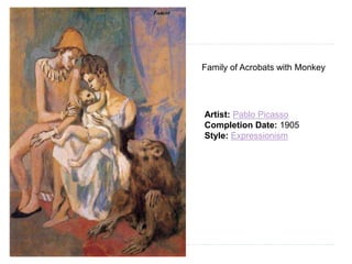 Family of Acrobats with Monkey
Artist: Pablo Picasso
Completion Date: 1905
Style: Expressionism
 