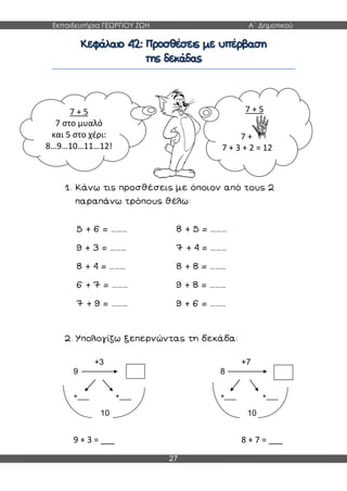 Εκπαιδευτήρια ΓΕΩΡΓΙΟΥ ΖΩΗ Α΄ Δημοτικού
27
……… ………
……… ………
……… ………
……… ………
……… ………
+3 +7
9 8
+___ +___ +___ +___
10 10
9 + 3 = ___ 8 + 7 = ___
7 + 5
7 στο μυαλό
και 5 στο χέρι:
8…9…10…11…12!
7 + 5
7 +
7 + 3 + 2 = 12
 