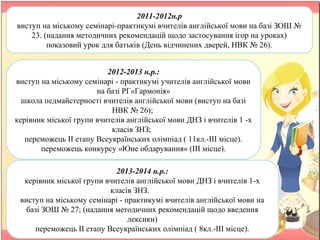 2011-2012н.р
виступ на міському семінарі-практикумі вчителів англійської мови на базі ЗОШ №
23. (надання методичних рекомендацій щодо застосування ігор на уроках)
показовий урок для батьків (День відчинених дверей, НВК № 26).
2012-2013 н.р.:
виступ на міському семінарі - практикумі учителів англійської мови
на базі РГ«Гармонія»
школа педмайстерності вчителів англійської мови (виступ на базі
НВК № 26);
керівник міської групи вчителів англійської мови ДНЗ і вчителів 1 -х
класів ЗНЗ;
переможець II етапу Всеукраїнських олімпіад ( 11кл.-III місце).
переможець конкурсу «Юне обдарування» (III місце).
2013-2014 н.р.:
керівник міської групи вчителів англійської мови ДНЗ і вчителів 1-х
класів ЗНЗ.
виступ на міському семінарі - практикумі вчителів англійської мови на
базі ЗОШ № 27; (надання методичних рекомендацій щодо введення
лексики)
переможець II етапу Всеукраїнських олімпіад ( 8кл.-III місце).
 