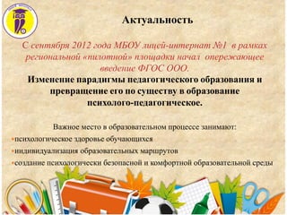 Актуальность
С сентября 2012 года МБОУ лицей-интернат №1 в рамках
региональной «пилотной» площадки начал опережающее
введение ФГОС ООО.
Изменение парадигмы педагогического образования и
превращение его по существу в образование
психолого-педагогическое.
Важное место в образовательном процессе занимают:
психологическое здоровье обучающихся
индивидуализация образовательных маршрутов
создание психологически безопасной и комфортной образовательной среды
 