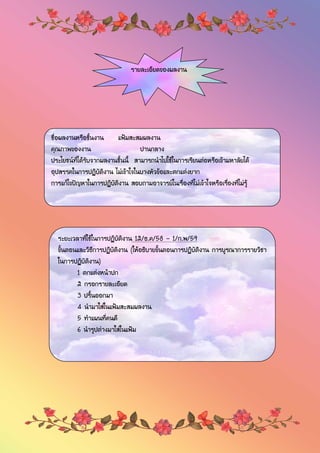 รายละเอียดของผลงาน
ชื่อผลงานหรือชิ้นงาน แฟ้มสะสมผลงาน
คุณภาพของงาน ปานกลาง
ประโยชน์ที่ได้รับจากผลงานชิ้นนี้ สามารถนาไปใช้ในการเรียนต่อหรือเข้ามหาลัยได้
อุปสรรคในการปฏิบัติงาน ไม่เข้าใจในบางหัวข้อและตกแต่งยาก
การแก้ไขปัญหาในการปฏิบัติงาน สอบถามอาจารย์ในเรื่องที่ไม่เข้าใจหรือเรื่องที่ไม่รู้
ระยะเวลาที่ใช้ในการปฏิบัติงาน 12/ธ.ค/58 – 1/ก.พ/59
ขั้นตอนและวิธีการปฏิบัติงาน (ให้อธิบายขั้นตอนการปฏิบัติงาน การบูรณาการรายวิชา
ในการปฏิบัติงาน)
1 ตกแต่งหน้าปก
2 กรอกรายละเอียด
3 ปริ้นออกมา
4 นามาใส่ในแฟ้มสะสมผลงาน
5 ทาแผนที่คนดี
6 นารูปต่างมาใส่ในแฟ้ม
 