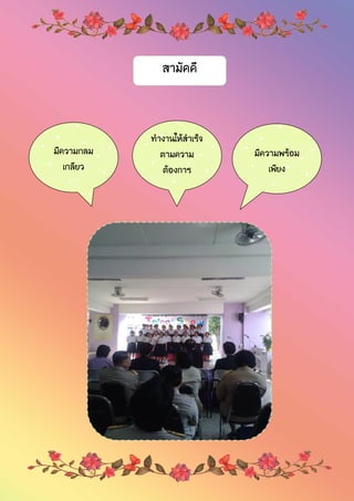 สามัคคี
มีความกลม
เกลียว
ทางานให้สาเร็จ
ตามความ
ต้องการ
มีความพร้อม
เพียง
 