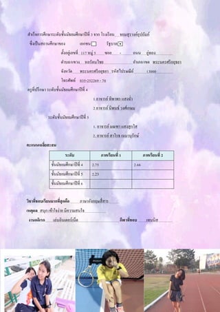 สาเร็จการศึกษาระดับชั้นมัธยมศึกษาปีที่ 3 จาก โรงเรียน จอมสุรางค์อุปถัมภ์
ซึ่งเป็นสถานศึกษาของ เอกชน รัฐบาล
ตั้งอยู่เลขที่ 117 หมู่ 5 ซอย - ถนน อู่ทอง ..
ตาบล/แขวง หอรัตนไชย อาเภอ/เขต พระนครศรีอยุธยา
จังหวัด พระนครศรีอยุธยา รหัสไปรษณีย์ 13000
โทรศัพท์ 035-252269 - 70
ครูที่ปรึกษา ระดับชั้นมัธยมศึกษาปีที่ 4
1.อาจารย์ทิพาพร แสงฉ่า.
2 อาจารย์นิพนธ์ วงศ์เกษม
ระดับชั้นมัธยมศึกษาปีที่ 5
1. อาจารย์มณฑา แสงสุกใส
2. อาจารย์สาโรธ เนมานุรักษ์
คะแนนเฉลี่ยสะสม
วิชาที่ชอบเรียนมากที่สุดคือ ภาษาอังกฤษสื่สาร
เหตุผล สนุก เข้าใจง่าย มีความสนใจ
งานอดิเรก เล่นอินเตอร์เน็ต กีฬาที่ชอบ เทนนิส .
ระดับ ภาคเรียนที่ 1 ภาคเรียนที่ 2
ชั้นมัธยมศึกษาปีที่ 4 2.75 2.66
ชั้นมัธยมศึกษาปีที่ 5 2.23
ชั้นมัธยมศึกษาปีที่ 6
 