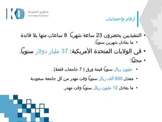 ‫واحصائيات‬ ‫أرقام‬
•‫يحضرون‬ ‫التنفيذيين‬23‫شهريًا‬ ‫ساعة‬8‫فائدة‬ ‫بال‬ ‫منها‬ ‫ساعات‬
•‫سنويًا‬ ‫شهرين‬ ‫يعادل‬ ‫ما‬.
•‫األمريكية‬ ‫المتحدة‬ ‫الواليات‬ ‫في‬:37‫دوالر‬ ‫مليار‬‫سنويًا‬.
•‫محليًا‬:
•‫مليون‬‫ريال‬‫قيمة‬ ‫سنويًا‬‫ورق‬(7‫فقط‬ ‫جامعات‬.)
•‫معدل‬600‫ريال‬ ‫ألف‬‫سعودية‬ ‫جامعة‬ ‫كل‬ ‫من‬ ‫مهدر‬ ‫وقت‬ ‫سنويًا‬
•‫يعادل‬ ‫ما‬12‫ريال‬ ‫مليون‬‫مهدر‬ ‫وقت‬ ‫سنويًا‬.
 