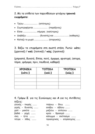 Γλώσσα …………………….......…………………………………………… Τεύχος Γ’
14
2. Με τα επίθετα των παρενθέσεων φτιάχνω τροπικά
επιρρήματα:
 Τρώω ..................... . (απότομος)
 Συμπεριφέρεται ...................... . (παράξενος)
 Είσαι ...................... σήμερα; (καλύτερος)
 Διαβάζω ..................... (δυνατός) και ........................ (καθαρός).
 Κοίταζε το μωρό ....................... (στοργικός).
3. Βάζω τα επιρρήματα στη σωστή στήλη. Ρωτώ: πότε;
(χρονικά) / πού; (τοπικά) / πώς; (τροπικά):
(μπροστά, δυνατά, δίπλα, ποτέ, όμορφα, αριστερά, ύστερα,
πέρσι, γρήγορα, πριν, πουθενά, καθαρά)
ΧΡΟΝΙΚΑ
(πότε;)
ΤΟΠΙΚΑ
(πού;)
ΤΡΟΠΙΚΑ
(πώς;)
4. Γράφω Σ για τις Συνώνυμες και Α για τις Αντίθετες
λέξεις:
γλυκός - πικρός ....... παίρνω - δίνω .......
γερός - δυνατός ....... ανάβω - σβήνω .......
χαλί - μοκέτα ....... μαζεύω - απλώνω .......
βαθιά - ρηχή ....... κρύο - δροσερό .......
νίκη - ήττα ........ κάλυμμα - σκέπασμα .......
πέτρα - λίθος ....... προσεχτικός - απρόσεχτος ......
 
