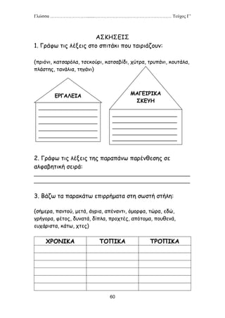 Γλώσσα …………………….......…………………………………………… Τεύχος Γ’
60
ΑΣΚΗΣΕΙΣ
1. Γράφω τις λέξεις στο σπιτάκι που ταιριάζουν:
(πριόνι, κατσαρόλα, τσεκούρι, κατσαβίδι, χύτρα, τρυπάνι, κουτάλα,
πλάστης, τανάλια, τηγάνι)
2. Γράφω τις λέξεις της παραπάνω παρένθεσης σε
αλφαβητική σειρά:
_____________________________________________________
_____________________________________________________
3. Βάζω τα παρακάτω επιρρήματα στη σωστή στήλη:
(σήμερα, παντού, μετά, άγρια, απέναντι, όμορφα, τώρα, εδώ,
γρήγορα, φέτος, δυνατά, δίπλα, προχτές, απότομα, πουθενά,
ευχάριστα, κάτω, χτες)
ΧΡΟΝΙΚΑ ΤΟΠΙΚΑ ΤΡΟΠΙΚΑ
____________________
____________________
____________________
____________________
____________________
ΕΡΓΑΛΕΙΑ
______________________
______________________
______________________
______________________
______________________
ΜΑΓΕΙΡΙΚΑ
ΣΚΕΥΗ
 