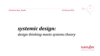 systemic design:
design thinking meets systems theory
24 February 2016Excellence Dayz, Riyadh
 