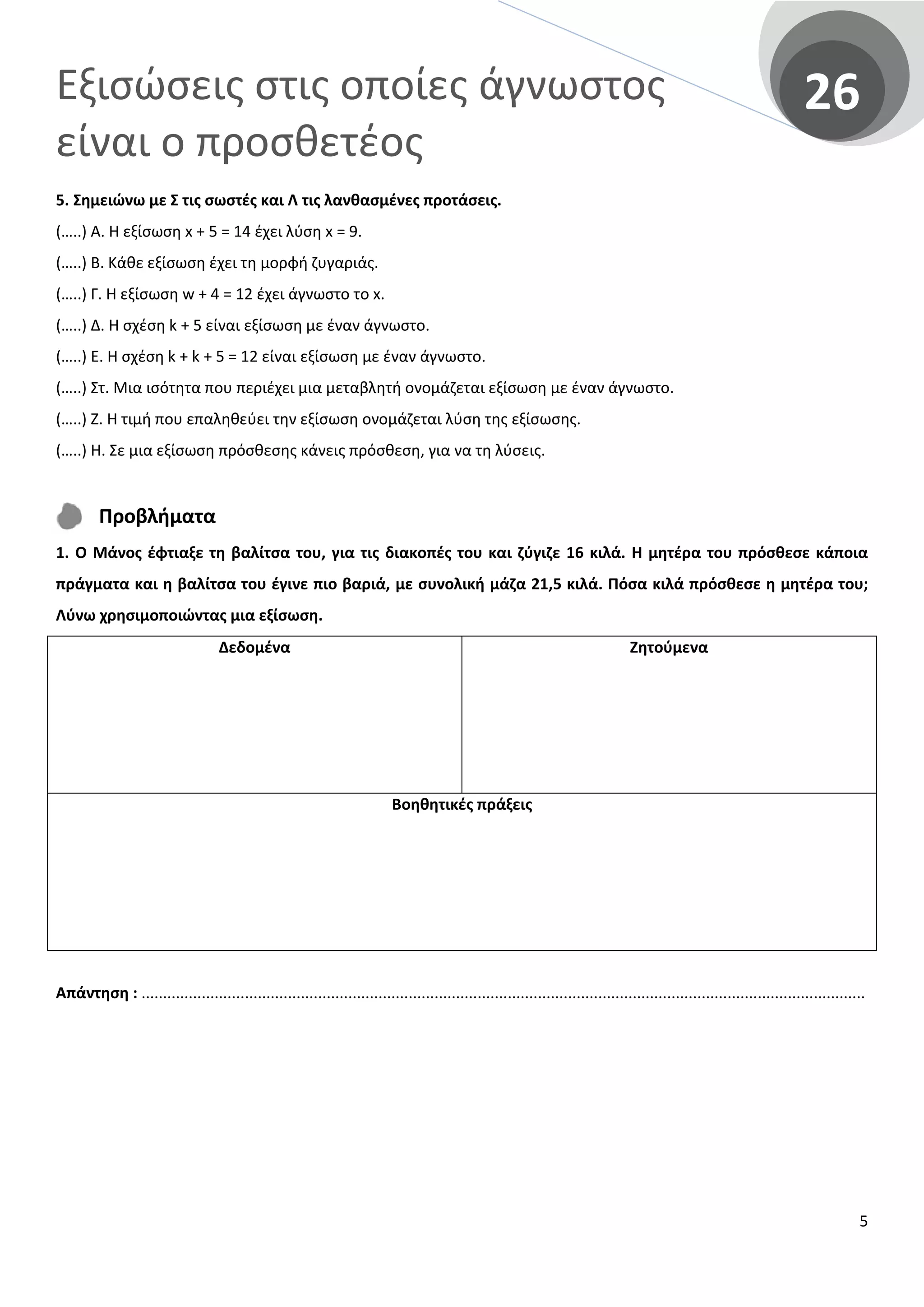 Εξισώσεις στις οποίες άγνωστος
είναι ο προσθετέος
26
5. Σημειώνω με Σ τις σωστές και Λ τις λανθασμένες προτάσεις.
(…..) Α. Η εξίσωση x + 5 = 14 έχει λύση x = 9.
(…..) Β. Κάθε εξίσωση έχει τη μορφή ζυγαριάς.
(…..) Γ. Η εξίσωση w + 4 = 12 έχει άγνωστο το x.
(…..) Δ. Η σχέση k + 5 είναι εξίσωση με έναν άγνωστο.
(…..) Ε. Η σχέση k + k + 5 = 12 είναι εξίσωση με έναν άγνωστο.
(…..) Στ. Μια ισότητα που περιέχει μια μεταβλητή ονομάζεται εξίσωση με έναν άγνωστο.
(…..) Ζ. Η τιμή που επαληθεύει την εξίσωση ονομάζεται λύση της εξίσωσης.
(…..) Η. Σε μια εξίσωση πρόσθεσης κάνεις πρόσθεση, για να τη λύσεις.
Προβλήματα
1. Ο Μάνος έφτιαξε τη βαλίτσα του, για τις διακοπές του και ζύγιζε 16 κιλά. Η μητέρα του πρόσθεσε κάποια
πράγματα και η βαλίτσα του έγινε πιο βαριά, με συνολική μάζα 21,5 κιλά. Πόσα κιλά πρόσθεσε η μητέρα του;
Λύνω χρησιμοποιώντας μια εξίσωση.
Δεδομένα Ζητούμενα
Βοηθητικές πράξεις
Απάντηση : ........................................................................................................................................................................
5
 