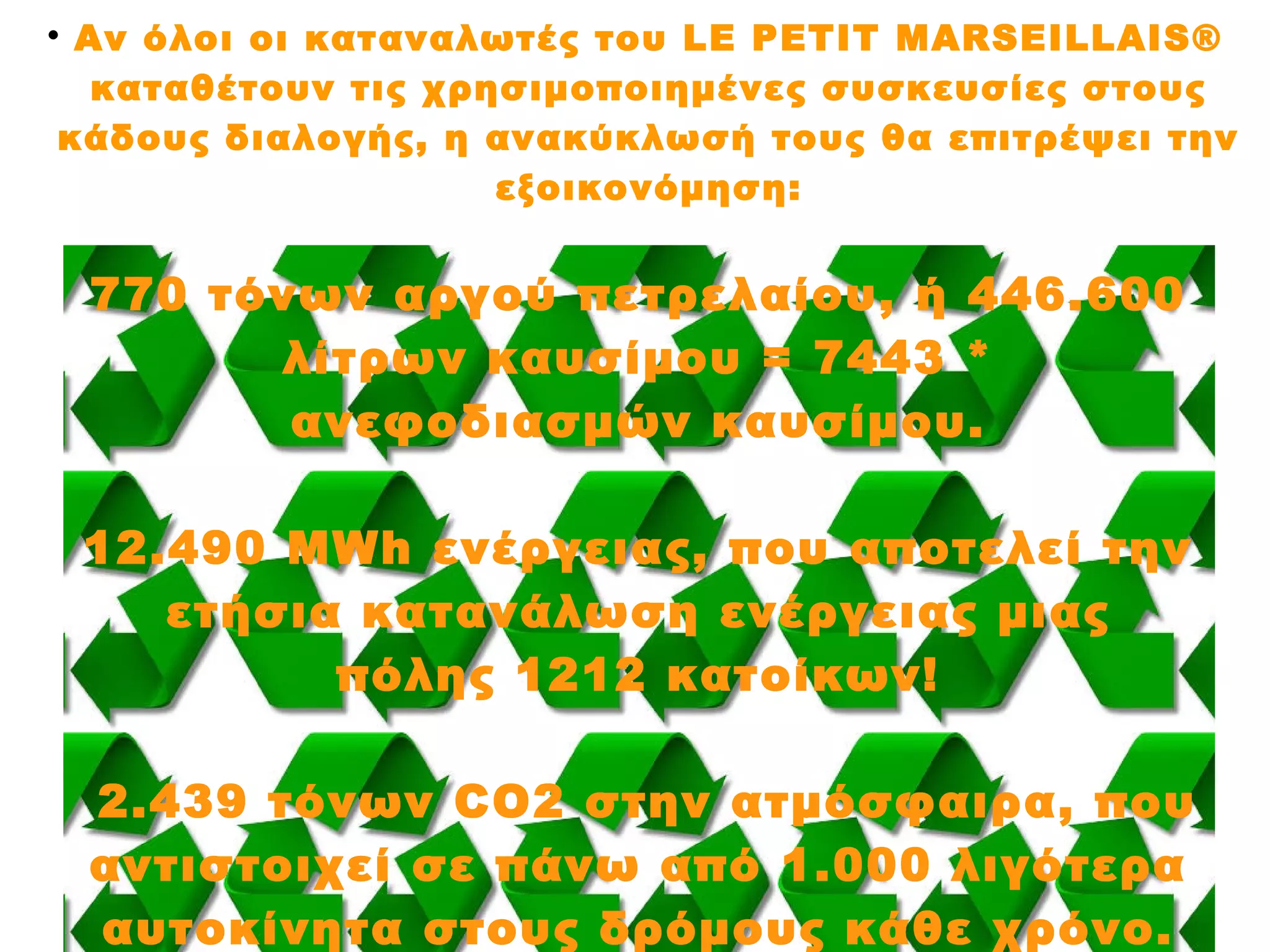 
Αν όλοι οι καταναλωτές του LE PETIT MARSEILLAIS®
καταθέτουν τις χρησιμοποιημένες συσκευσίες στους
κάδους διαλογής, η ανακύκλωσή τους θα επιτρέψει την
εξοικονόμηση:

,
770 τόνων αργού πετρελαίου, ή 446.600
λίτρων καυσίμου = 7443 *
ανεφοδιασμών καυσίμου.
12.490 MWh ενέργειας, που αποτελεί την
ετήσια κατανάλωση ενέργειας μιας
πόλης 1212 κατοίκων!
2.439 τόνων CO2 στην ατμόσφαιρα, που
αντιστοιχεί σε πάνω από 1.000 λιγότερα
αυτοκίνητα στους δρόμους κάθε χρόνο.
 