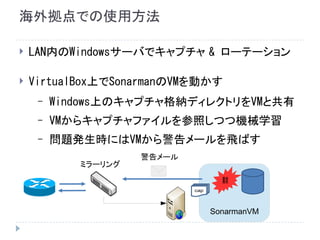 海外拠点での使用方法
 LAN内のWindowsサーバでキャプチャ & ローテーション
 VirtualBox上でSonarmanのVMを動かす
– Windows上のキャプチャ格納ディレクトリをVMと共有
– VMからキャプチャファイルを参照しつつ機械学習
– 問題発生時にはVMから警告メールを飛ばす
ミラーリング
cap
SonarmanVM
警告メール
異常
 