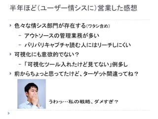 半年ほど（ユーザー情シスに）営業した感想
 色々な情シス部門が存在する（ワタシ含め）
– アウトソースの管理業務が多い
– バリバリキャプチャ読む人にはリーチしにくい
 可視化にも意欲的でない？
– 「可視化ツール入れたけど見てない」例多し
 前からちょっと思ってたけど、ターゲット間違ってね？
うわっ…私の戦略、ダメすぎ？
 