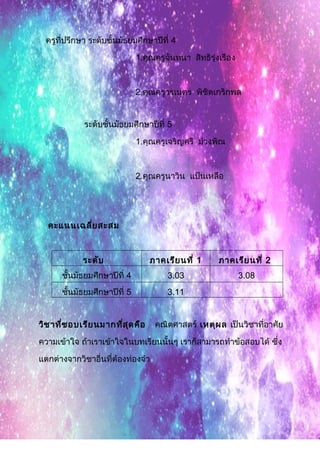 ครูที่ปรึกษา ระดับชั้นมัธยมศึกษาปีที่ 4
1.คุณครูจันทนา สิทธิรุ่งเรือง
.
2.คุณครูวรเนตร พิชิตเกริกพล
ระดับชั้นมัธยมศึกษาปีที่ 5
1.คุณครูเจริญศรี ม่วงพิณ
.
2.คุณครูนาวิน แป้นเหลือ
คะแนนเฉลี่ยสะสม
ระดับ ภาคเรียนที่ 1 ภาคเรียนที่ 2
ชั้นมัธยมศึกษาปีที่ 4 3.03 3.08
ชั้นมัธยมศึกษาปีที่ 5 3.11
วิชาที่ชอบเรียนมากที่สุดคือ คณิตศาสตร์ เหตุผล เป็นวิชาที่อาศัย
ความเข้าใจ ถ้าเราเข้าใจในบทเรียนนั้นๆ เราก็สามารถทำาข้อสอบได้ ซึ่ง
แตกต่างจากวิชาอื่นที่ต้องท่องจำา
 