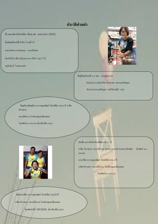 ประวัติส่วนตัว
ที่อยู่ปัจจุบันเลขที่ 16/1 ซอย - ถนนอู่ทอง (ก)
ตาบล/แขวง หอรัตนไชย อาเภอ/เขต พระนครศรีอยุธยา
จังหวัด พระนครศรีอยุธยา รหัสไปรษณีย์ 13000
ปัจจุบันอาศัยอยู่กับ นาง กาญจนพัฒน์ จันทร์เศียร อายุ 52 ปี อาชีพ
ข้าราชการ
สถานที่ทางาน โรงเรียนชุมชนป้อมเพชร
โทรศัพท์081-9918536 เกี่ยวข้องเป็น มารดา
บิดาชื่อ นาย อภิกริช จันทร์เศียร อายุ 52 ปี
อาชีพ รับราชการ สถานที่ทางาน ศูนย์การทหารม้า ค่ายทหารม้าอดิศร โทรศัพท์ 081-
9005985
มารดาชื่อ นาง กาญจนพัฒน์ จันทร์เศียร อายุ 52 ปี
อาชีพ ข้าราชการ สถานที่ทางาน โรงเรียนชุมชนป้อมเพชร
โทรศัพท์081-9918536
ผู้ปกครองชื่อ นาง กาญจนพัฒน์ จันทร์เศียร อายุ 52ปี
อาชีพ ข้าราชการ สถานที่ทางาน โรงเรียนชุมชนป้อมเพชร
โทรศัพท์ 081-9918536 เกี่ยวข้องเป็น มารดา
ชื่อ-สกุล ศศิภาส์ จันทร์เศียร ชื่อเล่น ศศิ เลขประจาตัว 29205
ชั้นมัธยมศึกษาปีที่ 5ห้อง 7เลขที่ 12
สายการเรียน ภาษาอังกฤษ – ภาษาฝรั่งเศส
เกิดวันที่ 24 เดือน มิถุนายน พ.ศ. 2541 อายุ 17 ปี
หมู่โลหิต บี โรคประจาตัว -
 