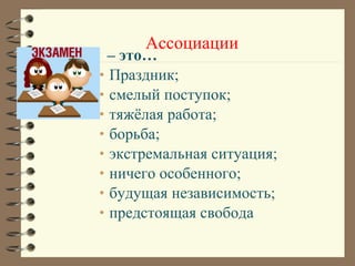 – это…
• Праздник;
• смелый поступок;
• тяжёлая работа;
• борьба;
• экстремальная ситуация;
• ничего особенного;
• будущая независимость;
• предстоящая свобода
Ассоциации
 