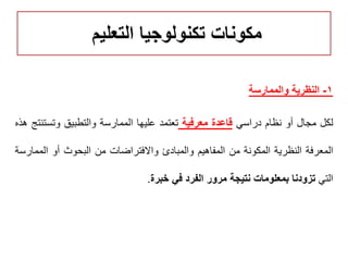 ‫التعليم‬ ‫تكنولوجيا‬ ‫مكونات‬
1-‫والممارسة‬ ‫النظرية‬
‫لكل‬‫مجال‬‫أو‬‫نظام‬‫دراسي‬‫قاعدة‬‫معرفية‬‫تعتمد‬‫عليها‬‫الممارسة‬‫والتطبيق‬‫وتست‬‫نتج‬‫هذه‬
‫المعرفة‬‫النظرية‬‫المكونة‬‫من‬‫المفاهيم‬‫والمبادئ‬‫واالفتراضات‬‫من‬‫البحوث‬‫أو‬‫الم‬‫مارسة‬
‫التي‬‫تزودنا‬‫بمعلومات‬‫نتيجة‬‫مرور‬‫الفرد‬‫في‬‫خبرة‬.
 