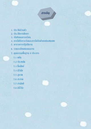 สารบัญ
1. ประวัติส่วนตัว
2. ประวัติการศึกษา
3. บันทึกผลการเรียน
4. การได้รับรางวัลและการได้รับคายกย่องชมเชย
5. ตารางการปฏิบัติงาน
6. รายละเอียดของผลงาน
7. คุณธรรมพื้นฐาน 8 ประการ
7.1 ขยัน
7.2 ประหยัด
7.3 ซื่อสัตย์
7.4 มีวินัย
7.5 สุภาพ
7.6 สะอาด
7.7 สามัคคี
7.8 มีน้าใจ
 