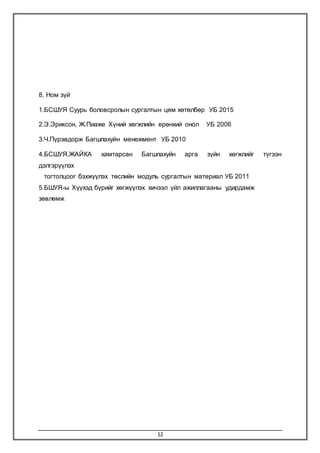 12
8. Ном зүй
1.БСШУЯ Суурь боловсролын сургалтын цөм хөтөлбөр УБ 2015
2.Э.Эриксон, Ж.Пиаже Хүний хөгжлийн ерөнхий онол УБ 2006
3.Ч.Пүрэвдорж Багшлахуйн менежмент УБ 2010
4.БСШУЯ,ЖАЙКА хамтарсан Багшлахуйн арга зүйн хөгжлийг түгээн
дэлгэрүүлэх
тогтолцоог бэхжүүлэх төслийн модуль сургалтын материал УБ 2011
5.БШУЯ-ы Хүүхэд бүрийг хөгжүүлэх хичээл үйл ажиллагааны удирдамж
зөвлөмж
 