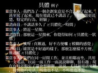 具體 例子
當事人:我們為了一個企劃案意見不合，吵了起來，
甚至罵了起來。現在彼此已不講話了。(使問題更清
楚，特定的行為、經驗)
諮商員:不講話多久了?(具體化一時間)
當事人:將近一星期。
諮商員:那麼這一星期來，你覺得如何?(具體化一狀態)
當事人:唉呀!真難過，好不方便喔!(模糊的感覺)
諮商員:確實是不好過的樣于，那麼怎麼樣不方便、
難過呢?(具體化)
當事人:我們在同一房間工作，並且相鄰而坐，共用
一支電話，以前一面工作一面說說聊聊，很有趣; 現
在有時差點忘了還會想聊聊、說說，尤其接電話更糟，
接到他的電話，叫他也不是，不叫他也不是……(特定
的行為和感覺)
 