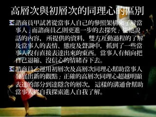 高層次與初層次的同理心的區別
諮商員甲試著從當事人自己的參照架構來了解當
事人;而諮商員乙則更進一步的去探究; 從他說話
的內容，所提供的資料，雙方互動過程的了解及
當事人的表情、態度及聲調中，抓到了一些當事
人沒有直接表達出來的東西。當事人有傾向把自
己退縮、沒信心的情緒吞下去。
諮商員乙運用初層次及高層次同理心幫助當事人
發展出新的觀點; 正確的高層次同理心超越明顯
表達的部分到達隱含的層次，這樣的溝通會幫助
當事人從自我探索進人自我了解。
 