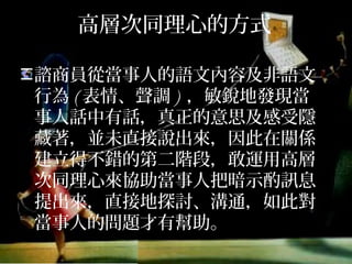高層次同理心的方式
諮商員從當事人的語文內容及非語文
行為(表情、聲調) ，敏銳地發現當事
人話中有話，真正的意思及感受隱藏
著，並未直接說出來，因此在關係建
立得不錯的第二階段，敢運用高層次
同理心來協助當事人把暗示酌訊息提
出來，直接地探討、溝通，如此對當
事人的問題才有幫助。
 