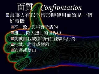 面質 Confrontation
當事人有以下情形時使用面質是一個
好時機
不一致: 與事實矛盾的
扭曲:陷入扭曲的世界中
挑戰自我破壞的內在經驗與行為
把戲、詭計或煙幕
逃避或藉口
 