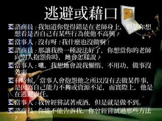 逃避或藉口
諮商員:我知道你覺得錯是在老師身上，但是你想
想看是否自己有某些行為使他不高興?
當事人:沒有呀!我什麼也沒做啊!
諮商員:那讓我換一種說法好了，你想當你的老師
向別人抱怨你時，她會怎樣說?
當事人:嗯，我想她會說我懶惰、不用功、做事沒
效率-。
有時候，當事人會抱怨他之所以沒有去做某件事，
是因為自己能力不夠或資源不足，而實際上，他是
在逃避責任。
當事人:我曾經嘗試著戒酒，但是就是做不到。
諮商員:你能不能告訴我，你曾經嘗試過那些方法?
 