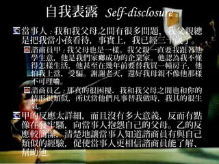 自我表露 Self-disclosure
當事人:我和我父母之間有很多問題，我父親總是
把我當小孩看待，事實上，我已經三十歲了。
諮商員甲:我父母也是一樣。我父親一直要我跟著他學
生意，他是我們家鄉成功的企業家。他認為我不懂得
怎樣生活，他甚至在幾年前要替我買一幢房子，他怕
我上當，受騙。謝謝老天，還好我母親不像他那樣不
可理喻。
諮商員乙:那真的很困擾．我和我父母之間也和你的情
形很類似，所以當他們凡事替我做時，我其的很生氣。
甲的反應太詳細，而且沒有多大意義，反而有點
像在發牢騷，向當事人抱怨自己的父母。乙的反
應較簡潔，清楚地讓當事人知道諮商員有與自己
類似的經驗，促使當事人更相信諮商員能了解、
幫助他。
 