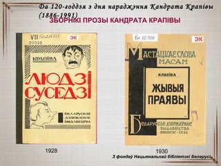 ЗБОРНІКІ ПРОЗЫ КАНДРАТА КРАПІВЫ
Да 120-годдзя з дня нараджэння Кандрата КрапівыДа 120-годдзя з дня нараджэння Кандрата Крапівы
(1886-1991)(1886-1991)
1928 1930
З фондаў Нацыянальнай бібліятэкі БеларусіЗ фондаў Нацыянальнай бібліятэкі Беларусі
 