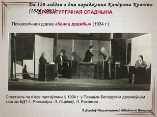 ДРАМАТУРГІЧНАЯ СПАДЧЫНА
Да 120-годдзя з дня нараджэння Кандрата КрапівыДа 120-годдзя з дня нараджэння Кандрата Крапівы
(1886-1991)(1886-1991)
Псіхалагічная драма «Канец дружбы» (1934 г.)
Спектакль па п’есе пастаўлены ў 1934 г. у Першым Беларускім дзяржаўным
тэатры БДТ-1. Рэжысёры: Л. Ліцвінаў, Л. Рахленка
З фондаў Нацыянальнай бібліятэкі БеларусіЗ фондаў Нацыянальнай бібліятэкі Беларусі
 