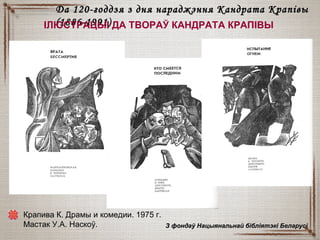 Да 120-годдзя з дня нараджэння Кандрата КрапівыДа 120-годдзя з дня нараджэння Кандрата Крапівы
(1886-1991)(1886-1991)ІЛЮСТРАЦЫІ ДА ТВОРАЎ КАНДРАТА КРАПІВЫ
Крапива К. Драмы и комедии. 1975 г.
Мастак У.А. Наскоў. З фондаў Нацыянальнай бібліятэкі БеларусіЗ фондаў Нацыянальнай бібліятэкі Беларусі
 
