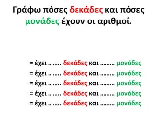 Γράφω πόσες δεκάδες και πόσες
μονάδες έχουν οι αριθμοί.
= έχει …….. δεκάδες και ……… μονάδες
= έχει …….. δεκάδες και ……… μονάδες
= έχει …….. δεκάδες και ……… μονάδες
= έχει …….. δεκάδες και ……… μονάδες
= έχει …….. δεκάδες και ……… μονάδες
 