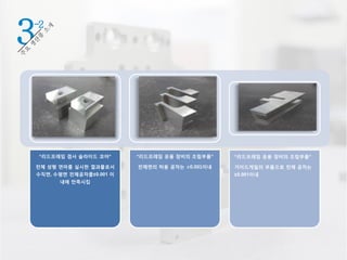 3-2
*리드프레임 겸사 슬라이드 코어*
전체 성형 연마를 실시한 결과물로서
수직면, 수평면 전체공차를±0.001 이
내에 만족시킴
*리드프레임 운용 장비의 조립부품*
전체면의 허용 공차는 ±0.001이내
*리드프레임 운용 장비의 조립부품*
가이드게일의 부품으로 전체 공차는
±0.001이내
 