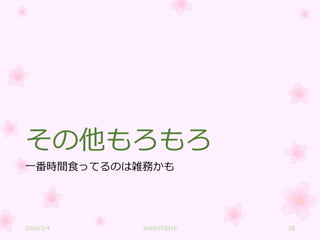 その他もろもろ
一番時間食ってるのは雑務かも
2016/3/4 WWEST2016 28
 