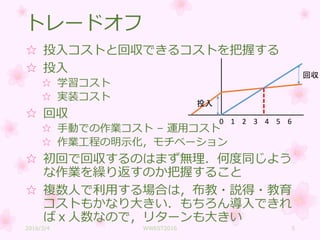 トレードオフ
☆ 投入コストと回収できるコストを把握する
☆ 投入
☆ 学習コスト
☆ 実装コスト
☆ 回収
☆ 手動での作業コスト – 運用コスト
☆ 作業工程の明示化，モチベーション
☆ 初回で回収するのはまず無理．何度同じよう
な作業を繰り返すのか把握すること
☆ 複数人で利用する場合は，布教・説得・教育
コストもかなり大きい．もちろん導入できれ
ばｘ人数なので，リターンも大きい
投入
回収
0 1 2 3 4 5 6
2016/3/4 WWEST2016 5
 