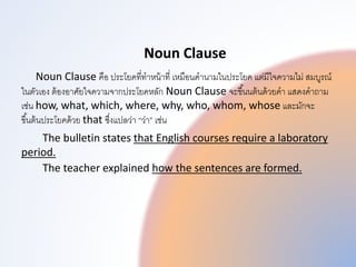 Noun Clause
Noun Clause คือ ประโยคที่ทำหน้ำที่ เหมือนคำนำมในประโยค แต่มีใจควำมไม่ สมบูรณ
ในตัวเอง ต้องอำศัยใจควำมจำกประโยคหลัก Noun Clause จะขึ้นนต้นด้วยคำ แสดงคำถำม
เช่น how, what, which, where, why, who, whom, whose และมักจะ
ขึ้นต้นประโยคด้วย that ซึ่งแปลว่ำ “ว่ำ” เช่น
The bulletin states that English courses require a laboratory
period.
The teacher explained how the sentences are formed.
 