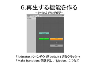 ６.再生する機能を作る
―Ｕｎｉｔｙ上でｆｂｘを使う―
「Animator」ウィンドウで「Default」で右クリック→
「Make Transition」を選択し、「Motion」につなぐ
 